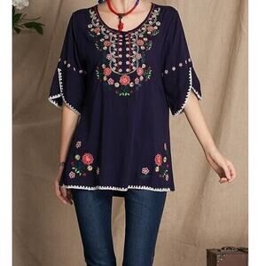 Ashir Aley Shirt Women's Medium Floral Embroidery Mexican Bohemian Tunic Blouse